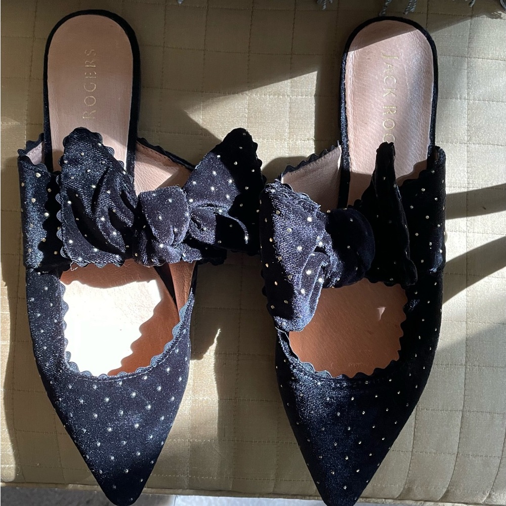 Jack Rogers Elle Black Velvet Pointed Mules with Bows Size 7.5